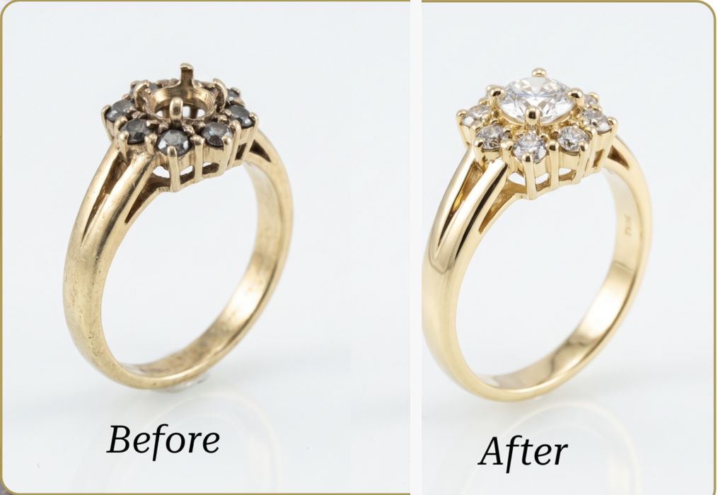 Before and after: a worn gold cluster ring with dull stones and an empty centre setting, then the same style of ring repaired with new stones set